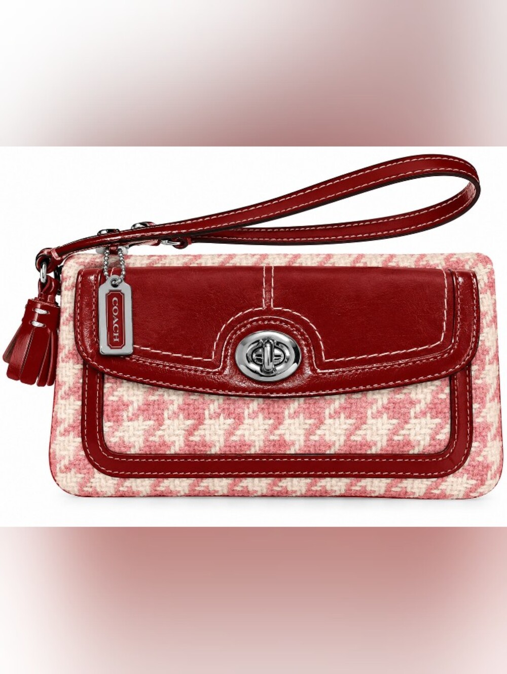 Coach Pink Houndstooth and Red Leather Turnlock Wristlet